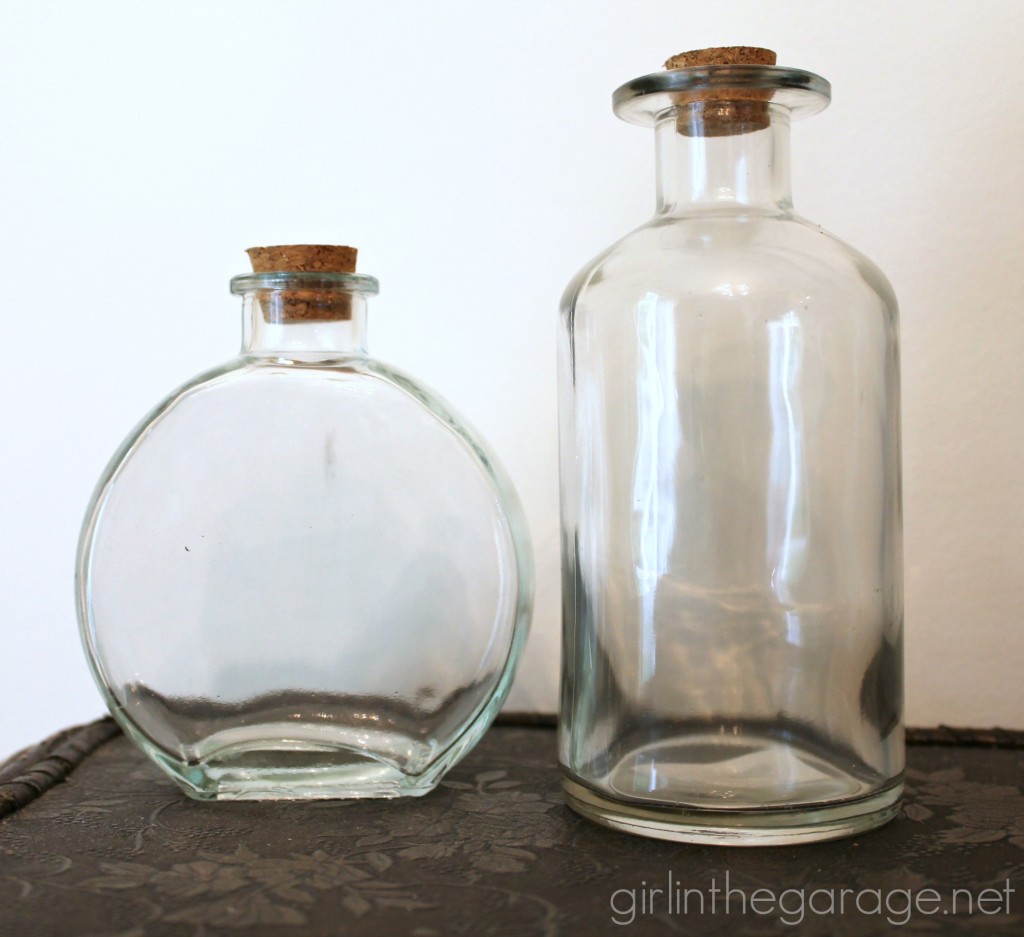 How to make embellished glass bottles with vintage flair!  Girl in the Garage for Live Creatively Inspired.